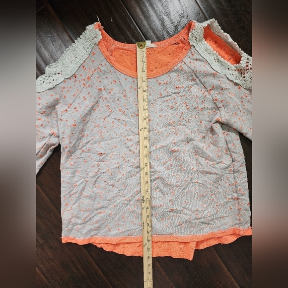 Oddy Womens Distressed Shoulder Cut Out Orange Grey Pullover Sweater - Picture 3 of 11